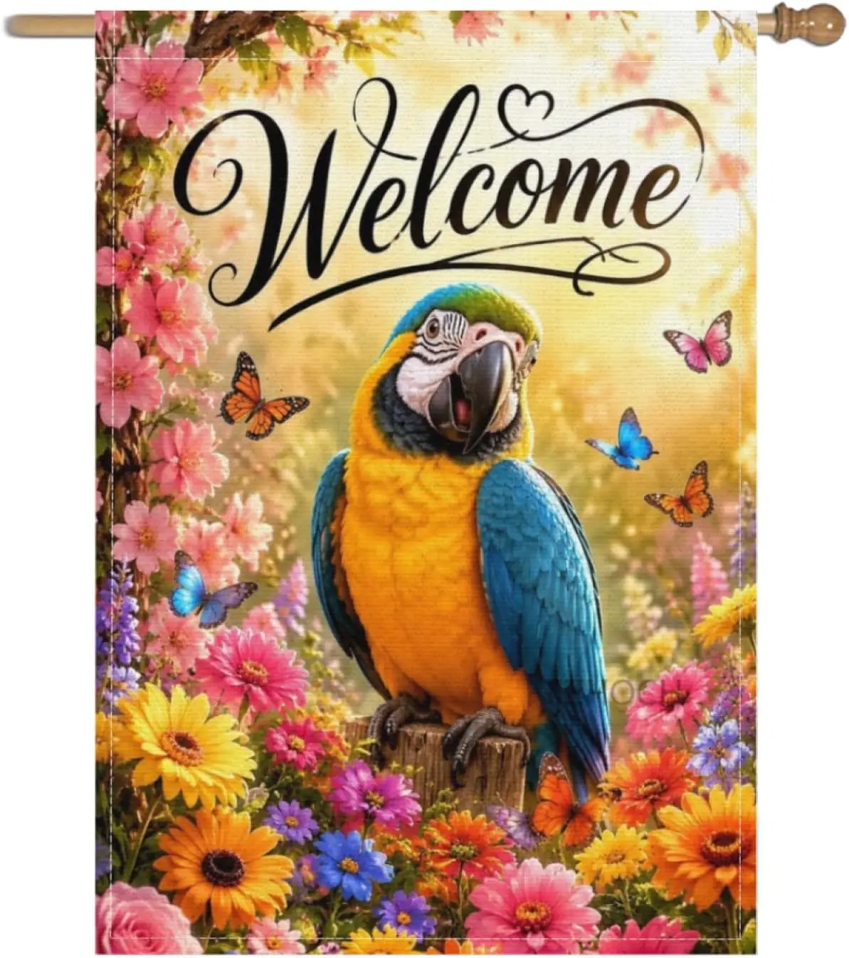Spring Summer Happy Parrot Welcome Garden Flag 28x40 Inch,Cute Animal Outdoor Home Yard Decor,Double Sided Floral Butterflie AAM