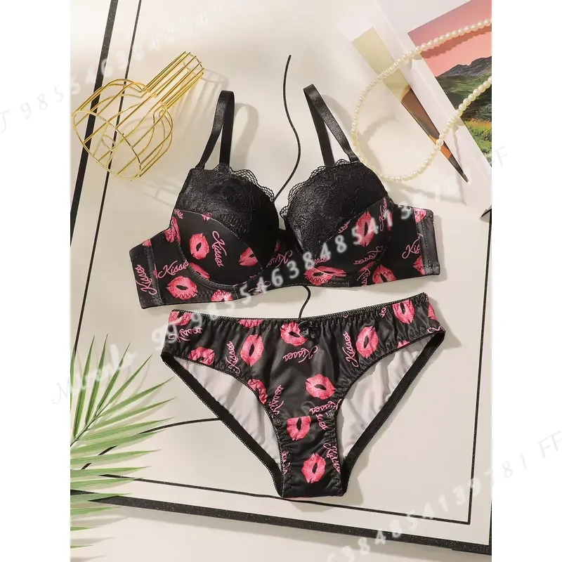Women High Quality Printed Patchwork Lace Sexy Lingerie Set Push Up Underwire Bra And Panty Comfort Fit S-XL
