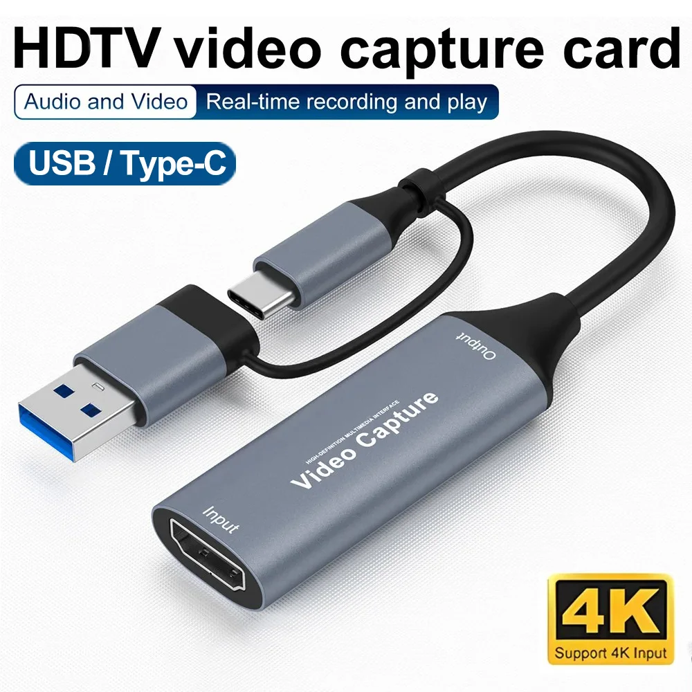 2-IN-1 HD 4K Video Capture Card HDMI to USB/Type-C Video Grabber Record Box for PS4 Game DVD Camcorder Camera Recording Live