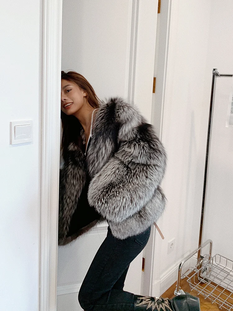 Highend Quality Real Natural Silver Fox Fur Coat Genuine Women Winter Luxury Female Jacket Long Sleeve