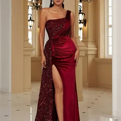 Sexy luxury burgundy glitter sequin party dress one shoulder appliqué shiny long side slit evening dress plus size