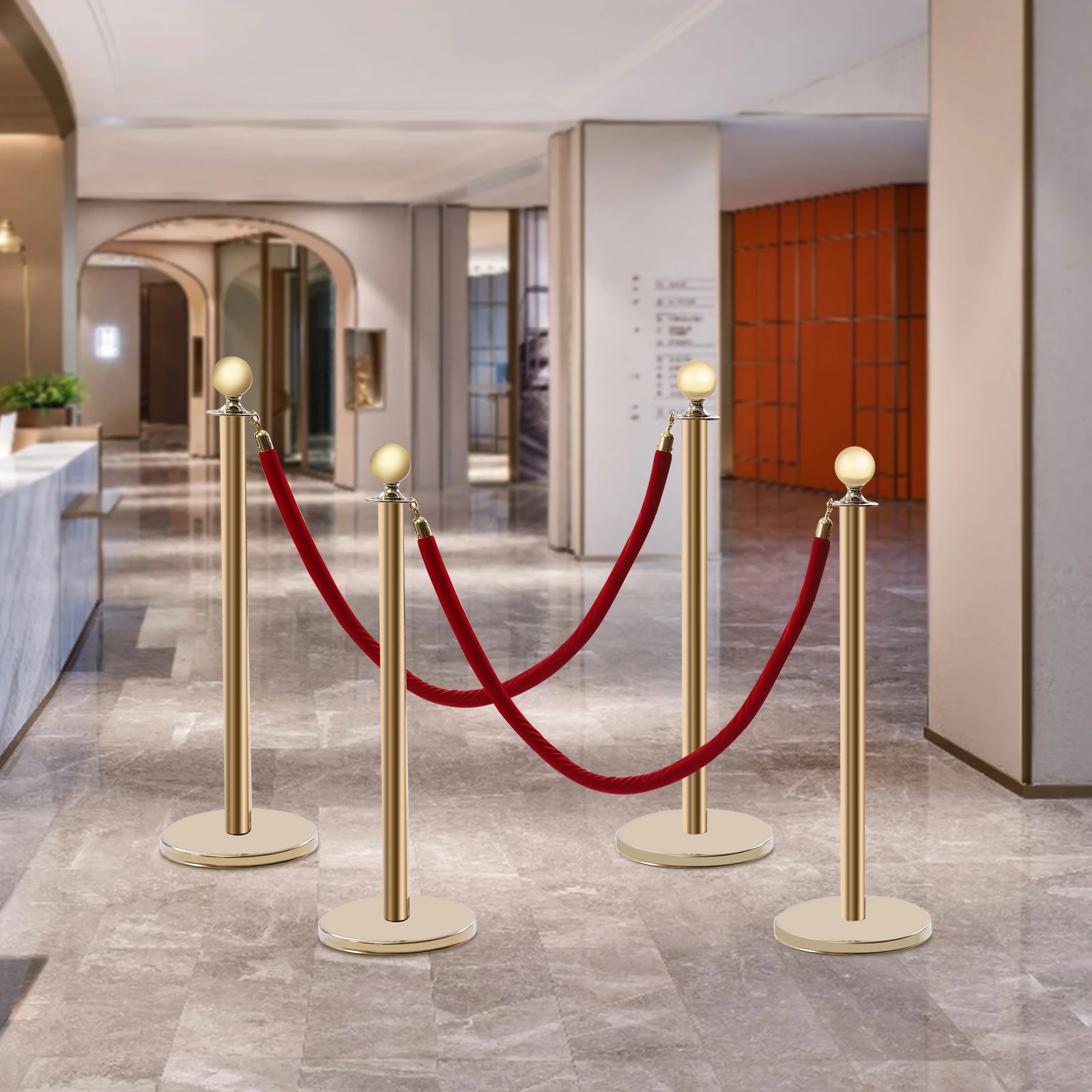 4pcs Crowd Control Barrier, Stanchion Set w/ 1.5m Red Velvet Rope--Four-Directional Connection