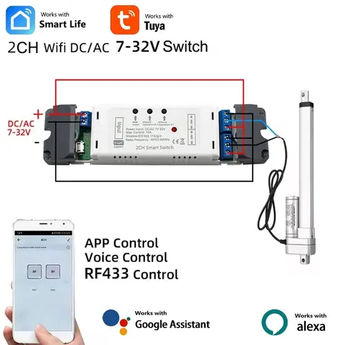 Controlador de Motor de actuador lineal eléctrico Tuya Smart Wifi, Control remoto de relé de 2 canales DC12V 24V 32V, Control de Radio RF 433