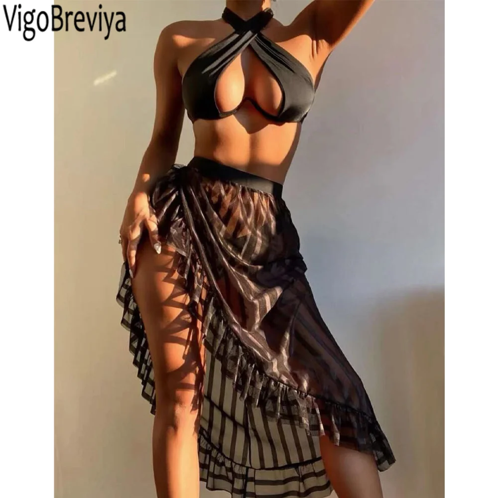 VigoBreviya Sexy Black Cross Halter 3PCS Mesh Skirt Bikini Set Stroje kąpielowe Kobiety 2025 Hollow Push Up Strój kąpielowy bez pleców