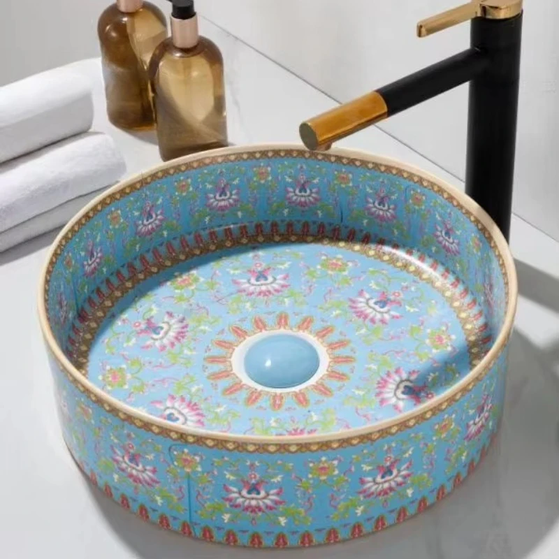 

Blue enamel painted ceramic washbasin furniture circular design bathroom vanity and sink