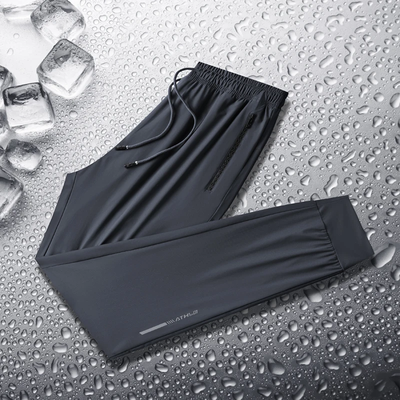 Summer Ice Silk Pants Casual Solid Color Quick Drying Run Training Sports Pants Loose Breathable Drawstring Straight Leg Pants