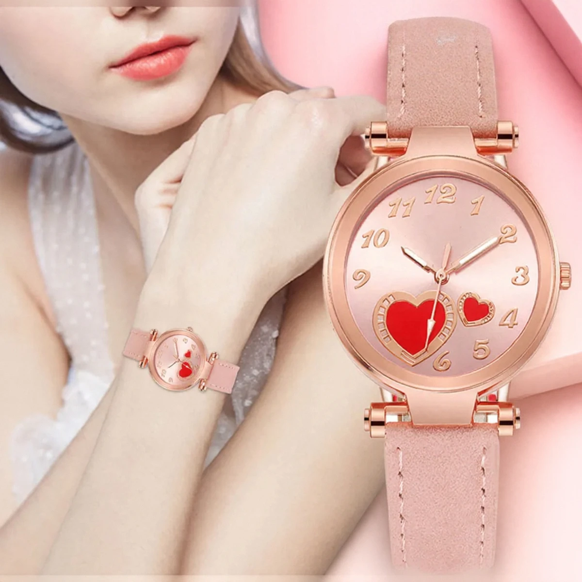Women's Fashion Quartz Watch Love Design Peach Heart Leather Strap Elegant Timepiece for Women Stylish Wristwatch