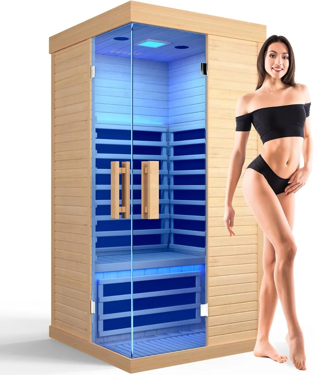 Sauna, Indoor Far Infrared Saunas Home 1 Person Canadian Hemlock 1420W Low-EMF Dry Spa Sauna，Speakers (33.5*33.5*68.9 In)