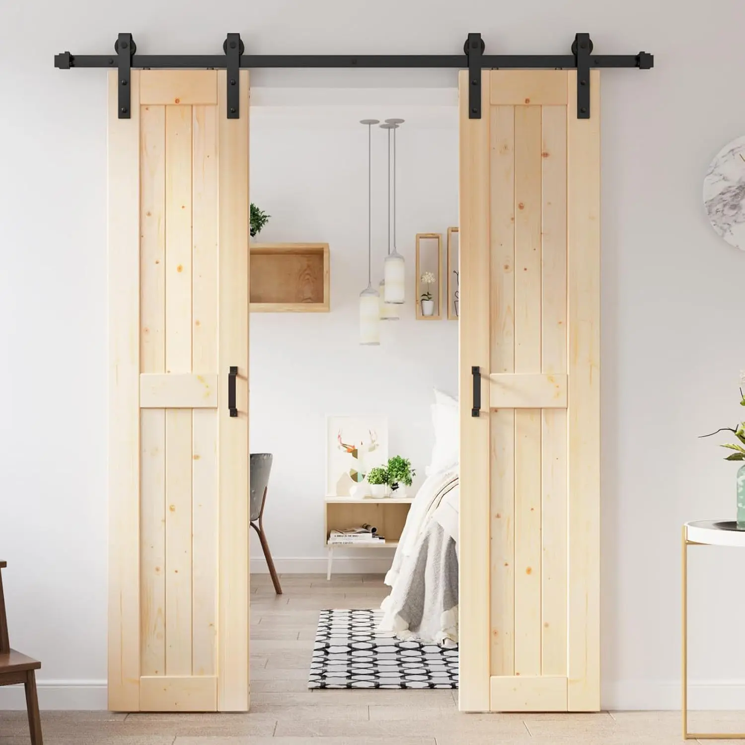 

Double Door Double Sided Solid Barn Wood Sliding Door Panel with Hardware Kit and Handle for Simple Assembly