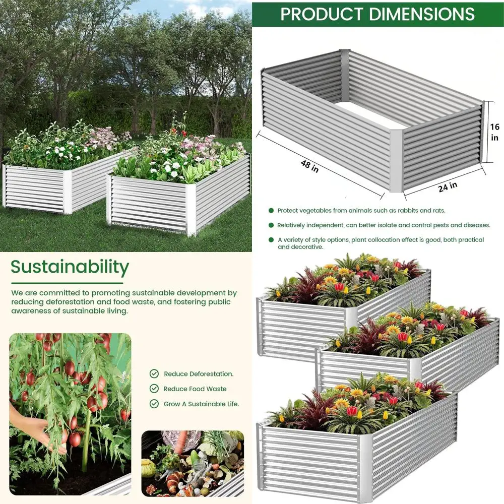 

3-Piece Tall Galvanized Raised Garden Bed, Outdoor Metal Bed for Vegetables and Flowers, Above Ground Garden Box - 4x2ft