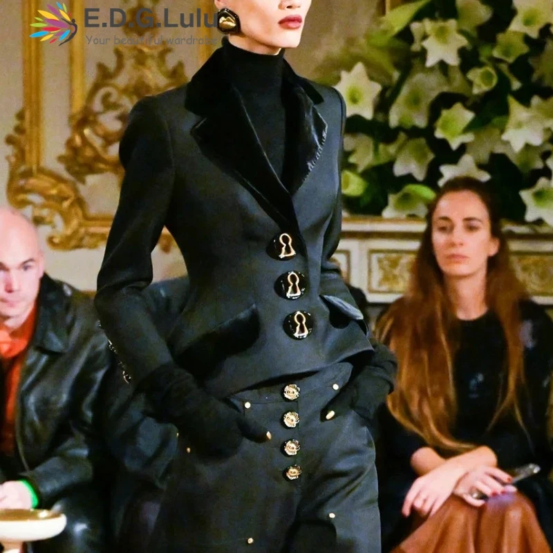 

EDGLuLu Fashion Turn-Down Collar Long Sleeved Slim Fit Suit Jacket Autumn 2025 Woman Single Breasted Black Blazer Coat 0822