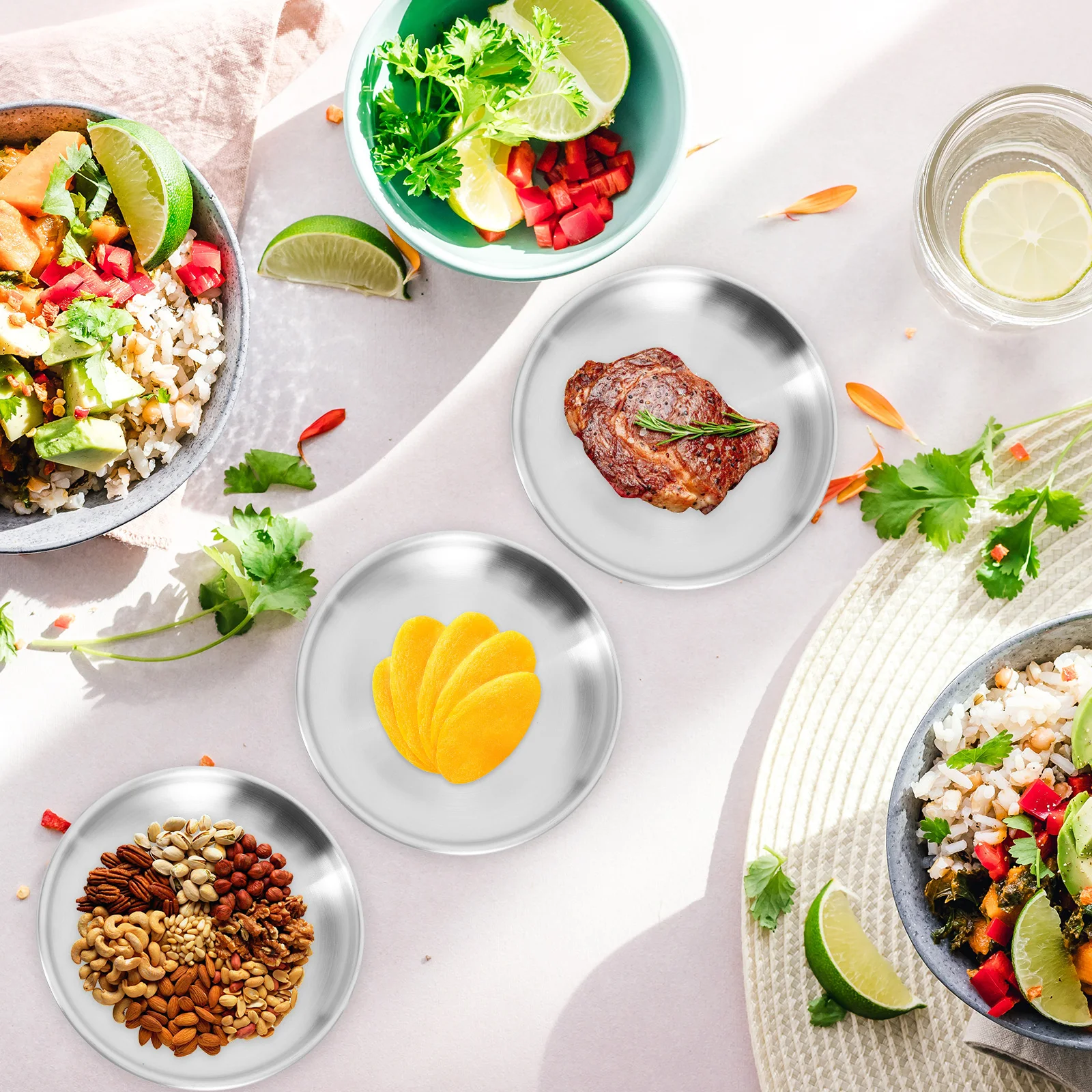 

4pcs Stainless Steel Tray Set Round Dinner Plates Decorative Metal Dishes Reusable Safe Snack Fruit Roast Meat Trays