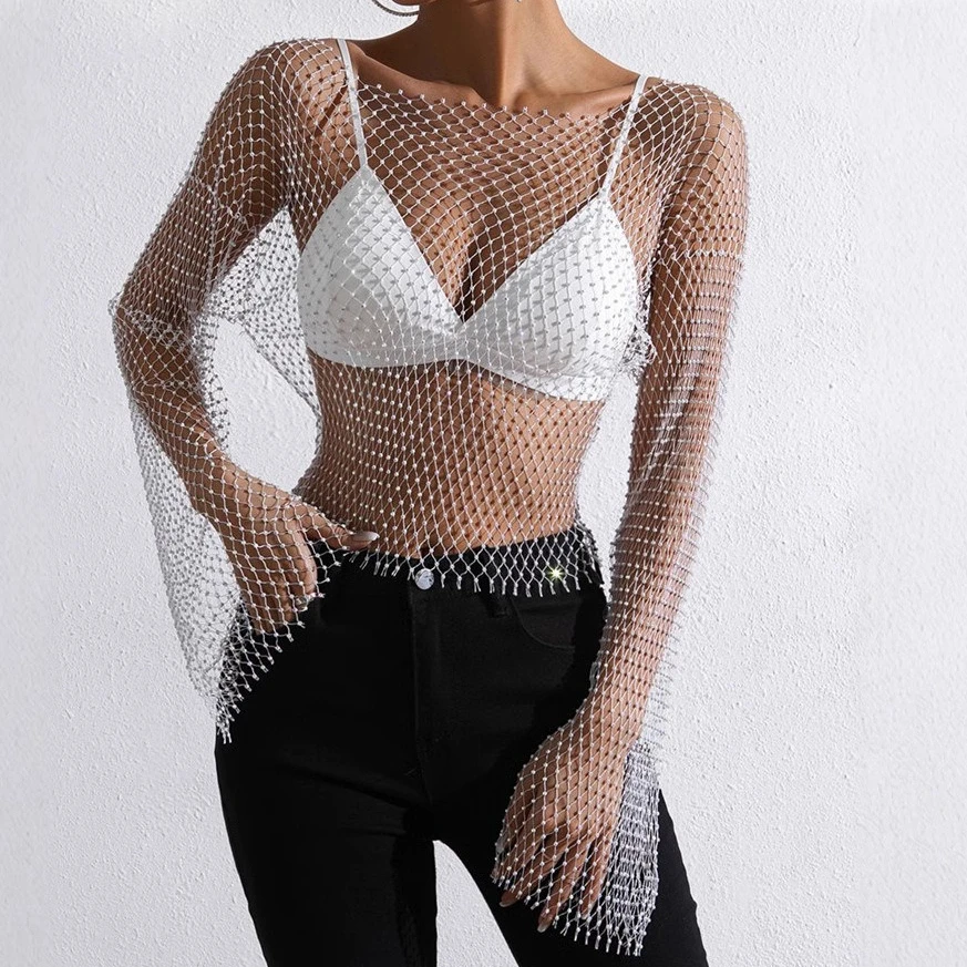 2026 Rhinestone Fishnet T-shirt for Women Hollow Out Mesh Tops White Black Pink Long Sleeve Sexy Loose Shirt Summer Ropa Mujer