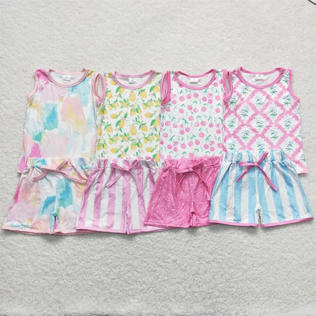 Wholesale Infant Toddler Sleeveless Shirt Fruit Baby Girl Tops Kid Shorts Children Summer Tie Dye Striped Outfit