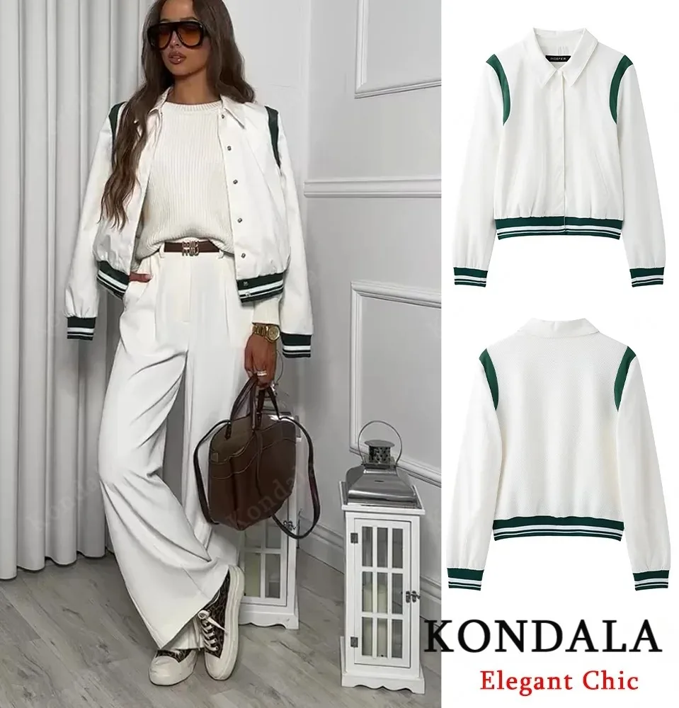 

KONDALA Women Casual Jacket Lapel Buttons Ribbed Jacket White Splicing Green New 2025 Spring Fashion Simple Sports Female Jacket