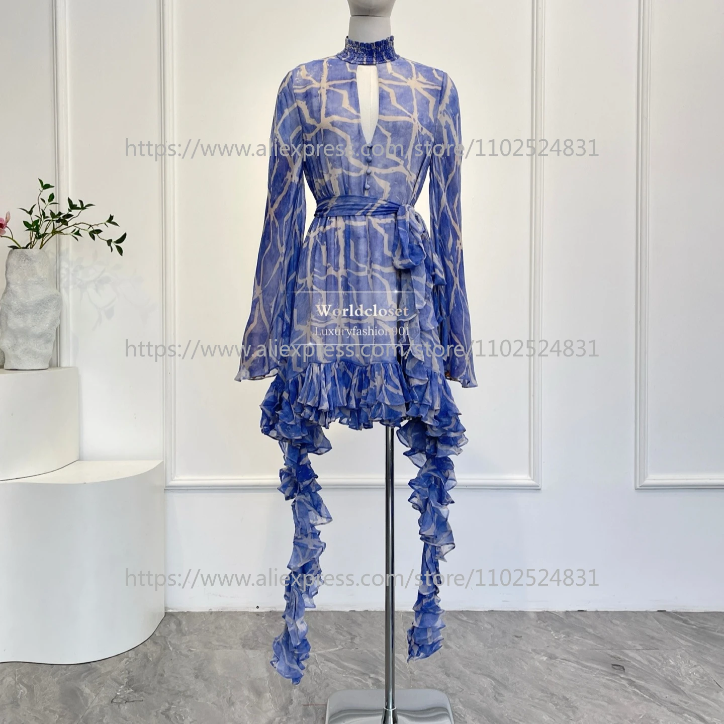 

Violet Floral Print Long Sleeve Ruffles Mini Dress 2026 New