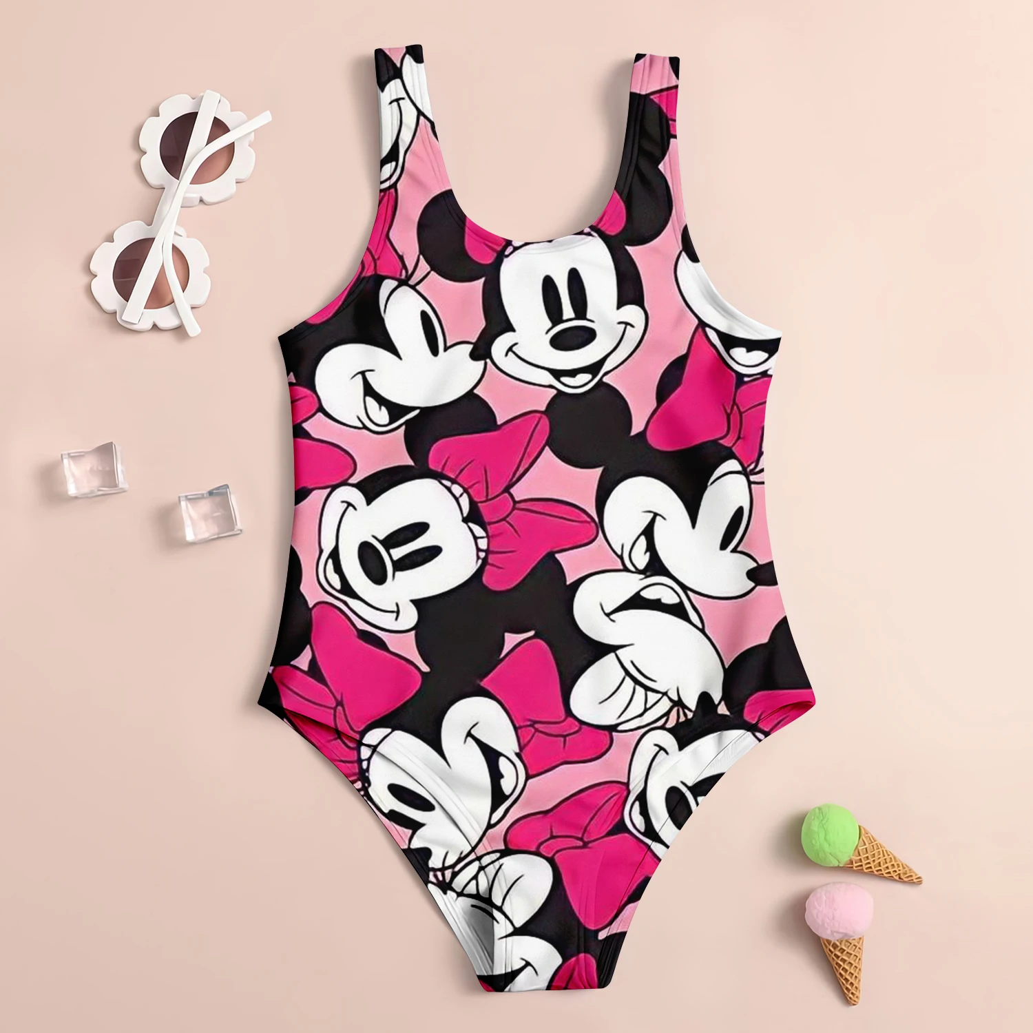 MINISO Disney Mickey Mouse Girl Swimsuit Children\'s Swimsuit 3D Cartoon Print Cute Sand Swimsuit Fashion Children\'s Clothing