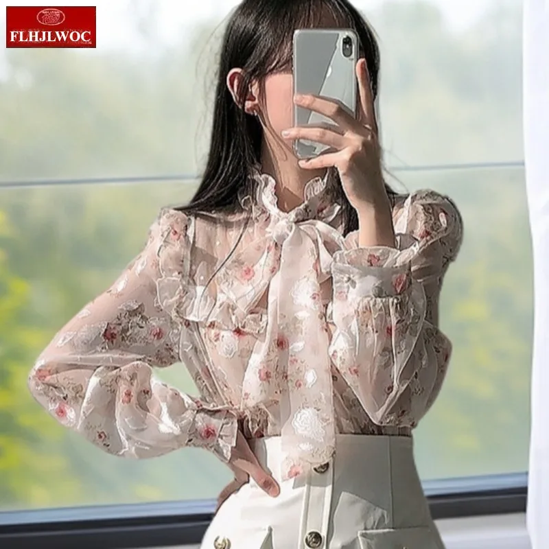 

Тонкие прозрачные сексуальные топы с оборками, милые топы с воротником-стойкой, новинка 2021, летние женские шикарные корейские повседневные японские блузки с галстуком-бабочкой для девочек