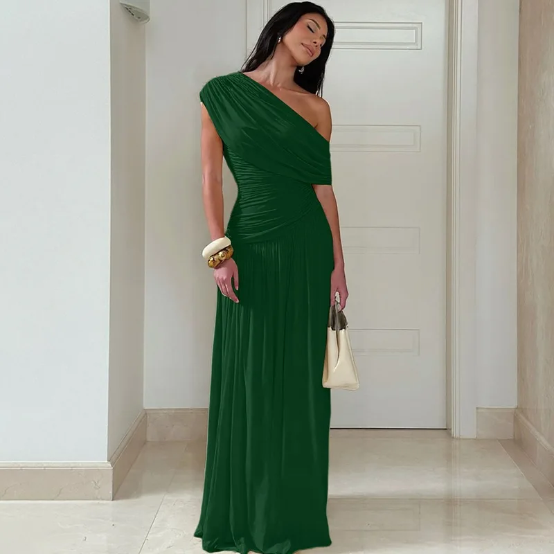 CHNMR Elegant One Shoulder Ruched Slim Maxi Dress Women Fashion Sleeveless Evening Party Robe Y2K 2026 Summer New Female Clothes - view 5