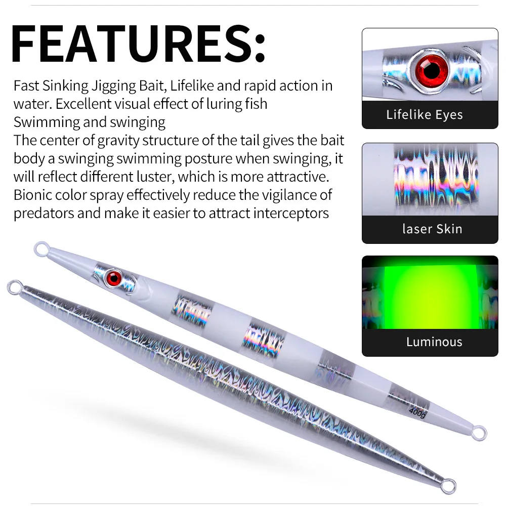 

1pcs Metal Fishing Bait 60g-400g Sinking Sea Bass Lead Jig Fish Lure 5 Color Artificial Lifelike Jigging Lure Bass Hook LF132