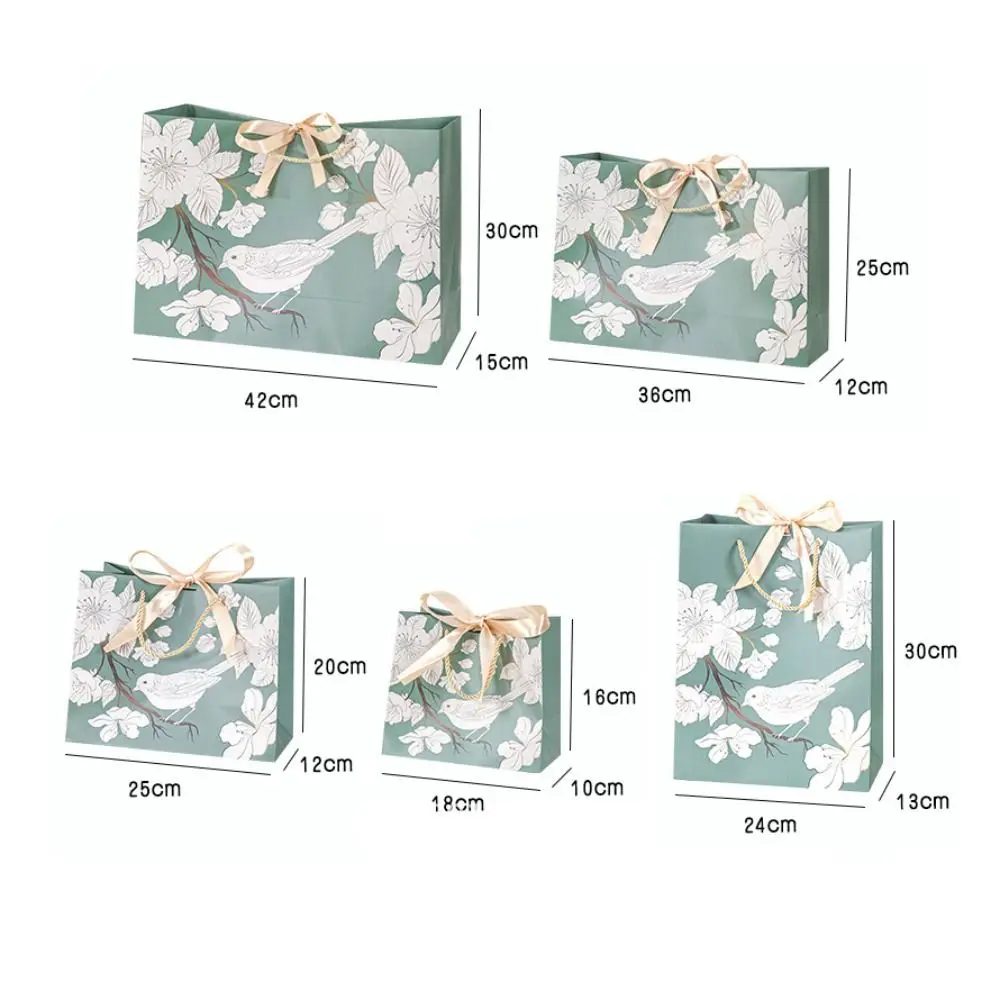 Green Handhold Paper Bag Creative Thicken Luxury Printing Floral Bird with Ribbon Wrapping Shopping Bag Gift