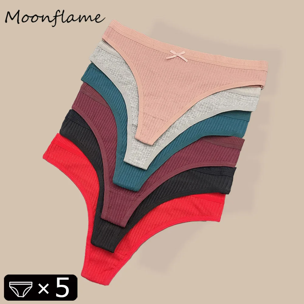 

Moonflame 5 PCS Cotton Ribbed Striped Underwear For Women Sexy Breathable Solid Thongs Girls Low-Waist G-string Soft Panties