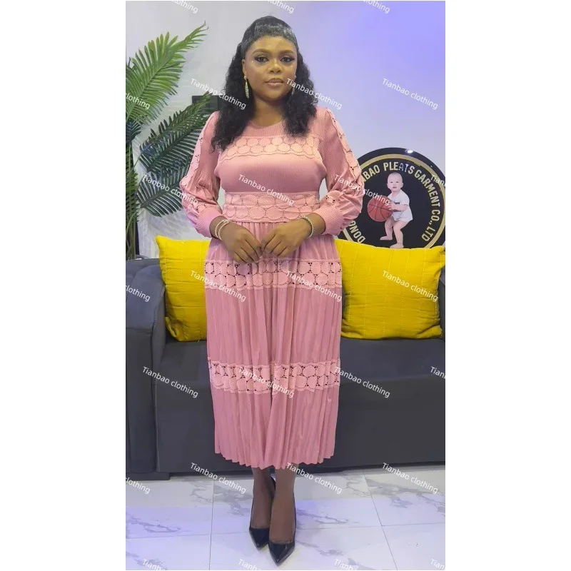 Nouveau Miyake robe plissée pour femmes couleur unie Patchwork dentelle élégante grande taille à manches longues robe de bal extensible longueur sans plis