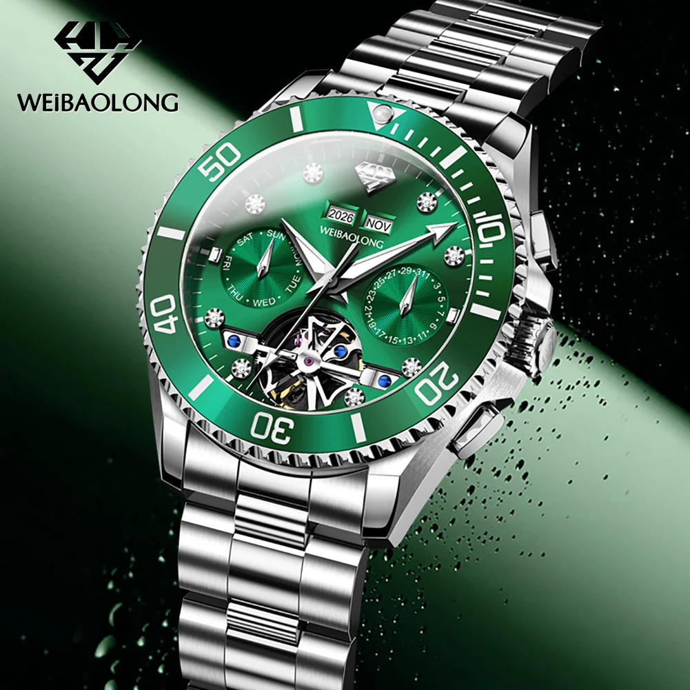 WEiBAOLONG 3813 Men Mechanical Movement Watch Genuine Diamonds Chronograph Luminous Display Stainless Steel 50m Waterproof Watch