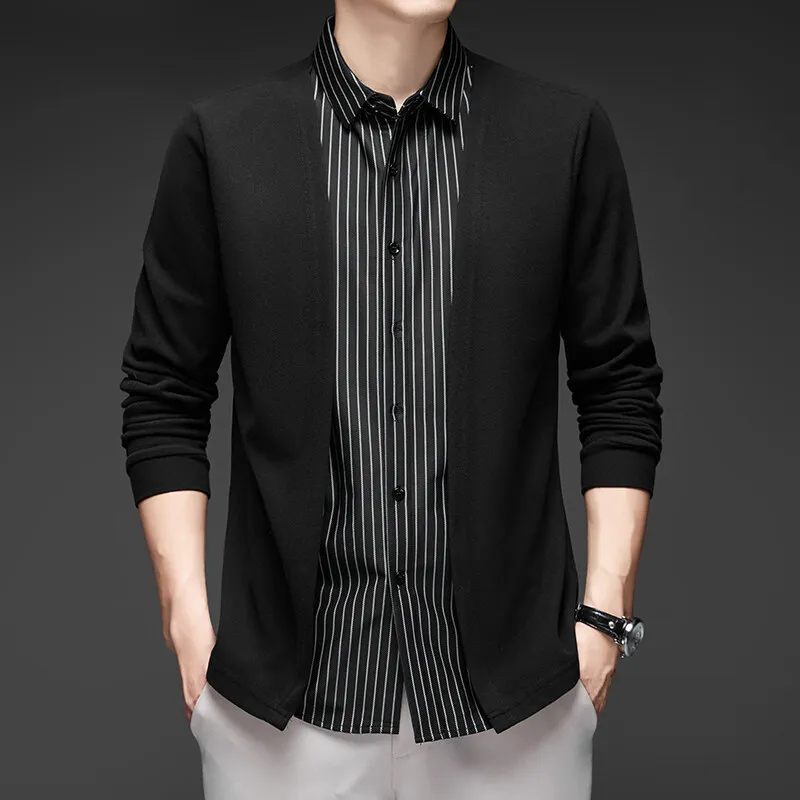 

Brand Business Knitted Cardigan Men Spring Autumn Color Blocking Splicing Fake Two Sets Lapel Sweater Coats Social Streetwear