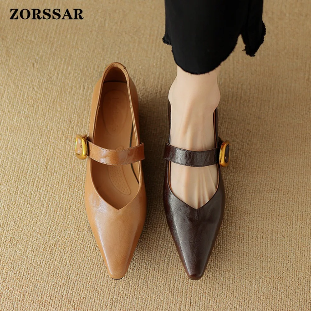

Новые женские кожаные туфли Мэри Джейн 2026 года с острым носком, на низком квадратном каблуке, с золотой пряжкой, винтажные офисные туфли для платья, размеры 34-42