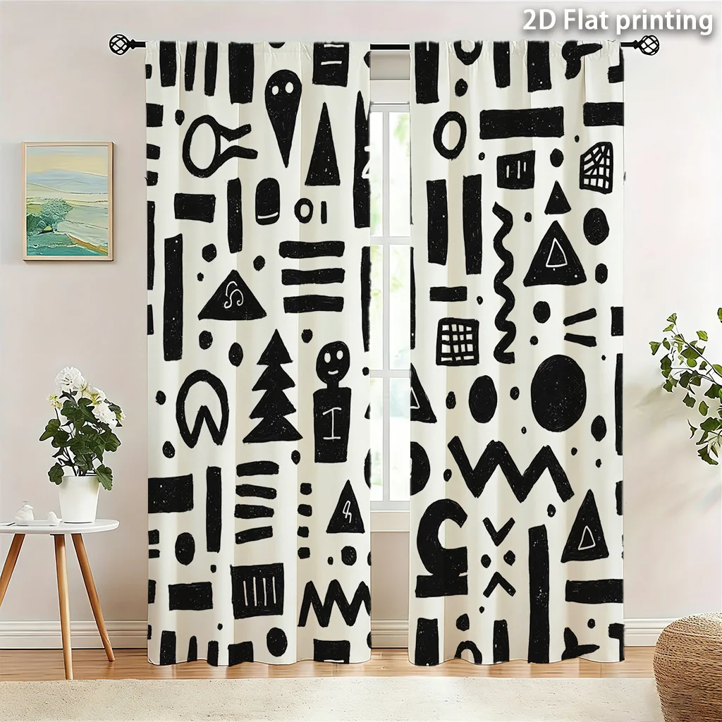 2pc Bohemian Geometric Black White Curtain Modern Abstract Pattern Drapes Vertical Striped Minimalist Living Room Window Decor