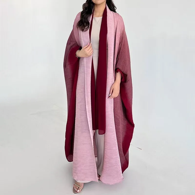 Abaya Luxury Robe Miyake Pleated Cardigan Plus Size Trench Coat Loose Elegant Scarf Neck Outer Poncho Modest Islamic Clothing