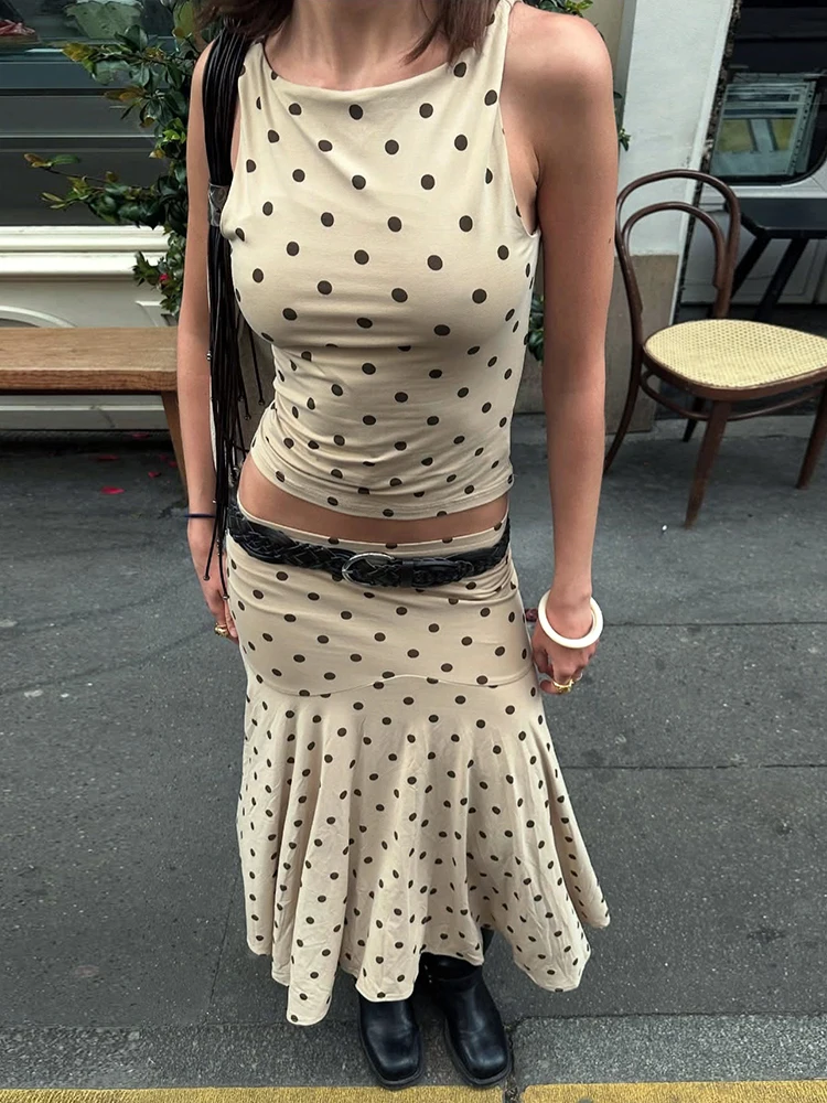 

GELITAYIN винтажный комплект из двух предметов в горошек, женский летний облегающий комплект без рукавов, майка миди, плиссированная юбка, костюмы, элегантное шикарное платье Outf