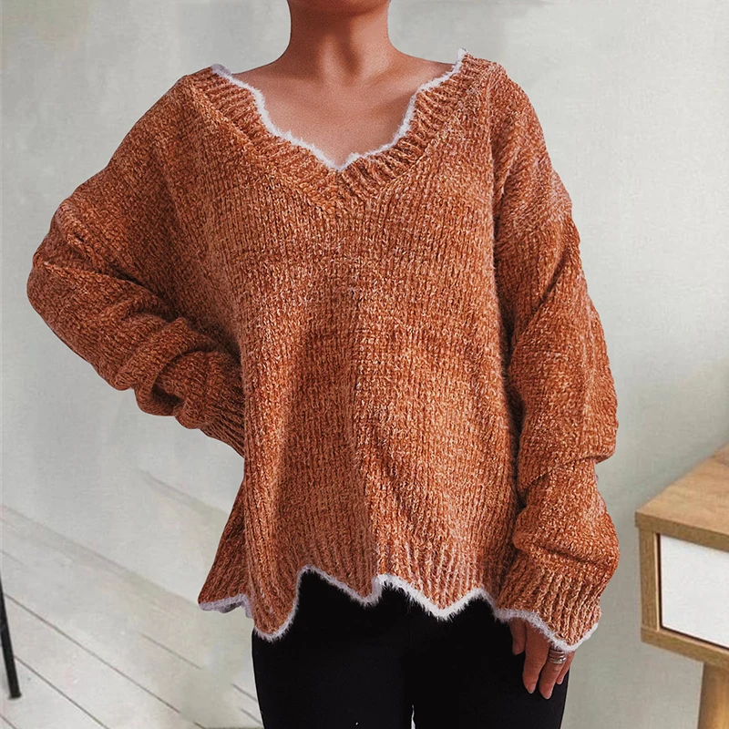 

Вязаный пуловер с v-образным вырезом и длинными рукавами, волнистый рабочий пуловер для поездок на работу, однотонный осенне-зимний свитер с волнистыми краями