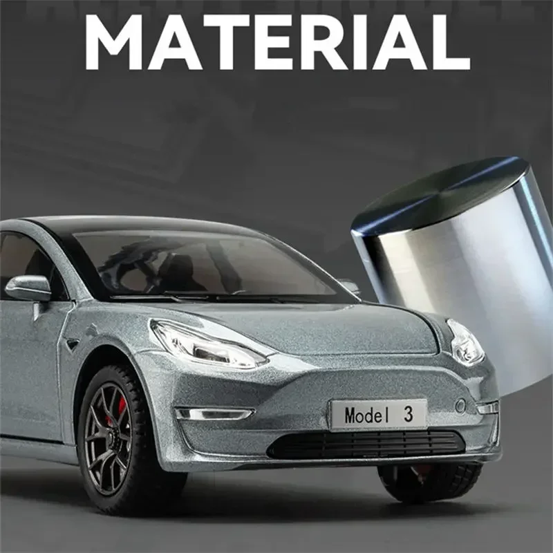 Modelo de coche Tesla 3 de aleación, vehículo de Metal fundido a presión, modelo de coche de alta simulación, colección de sonido y luz, regalo de juguete para niños, 1:24