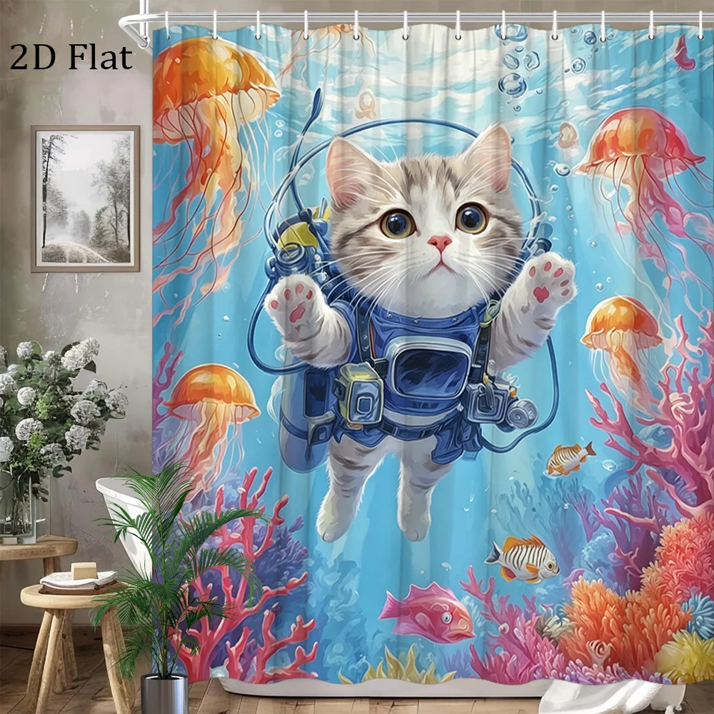 Cute Cat Underwater Ocean Shower Curtain Bath Decor Tropical Marine Life Coral Jellyfish Polyester Waterproof Curtain Panel