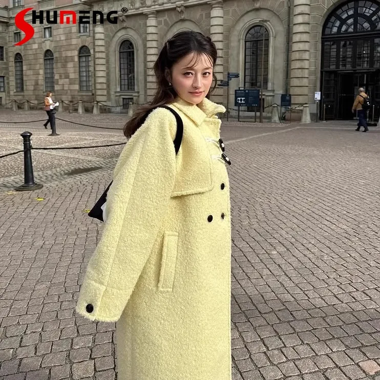 

Autumn Winter New Japanese Sweet Fashion Horn Button Long Woolen Jacket Women's Daily Basic Casual Coats Elegant Retro Overcoat
