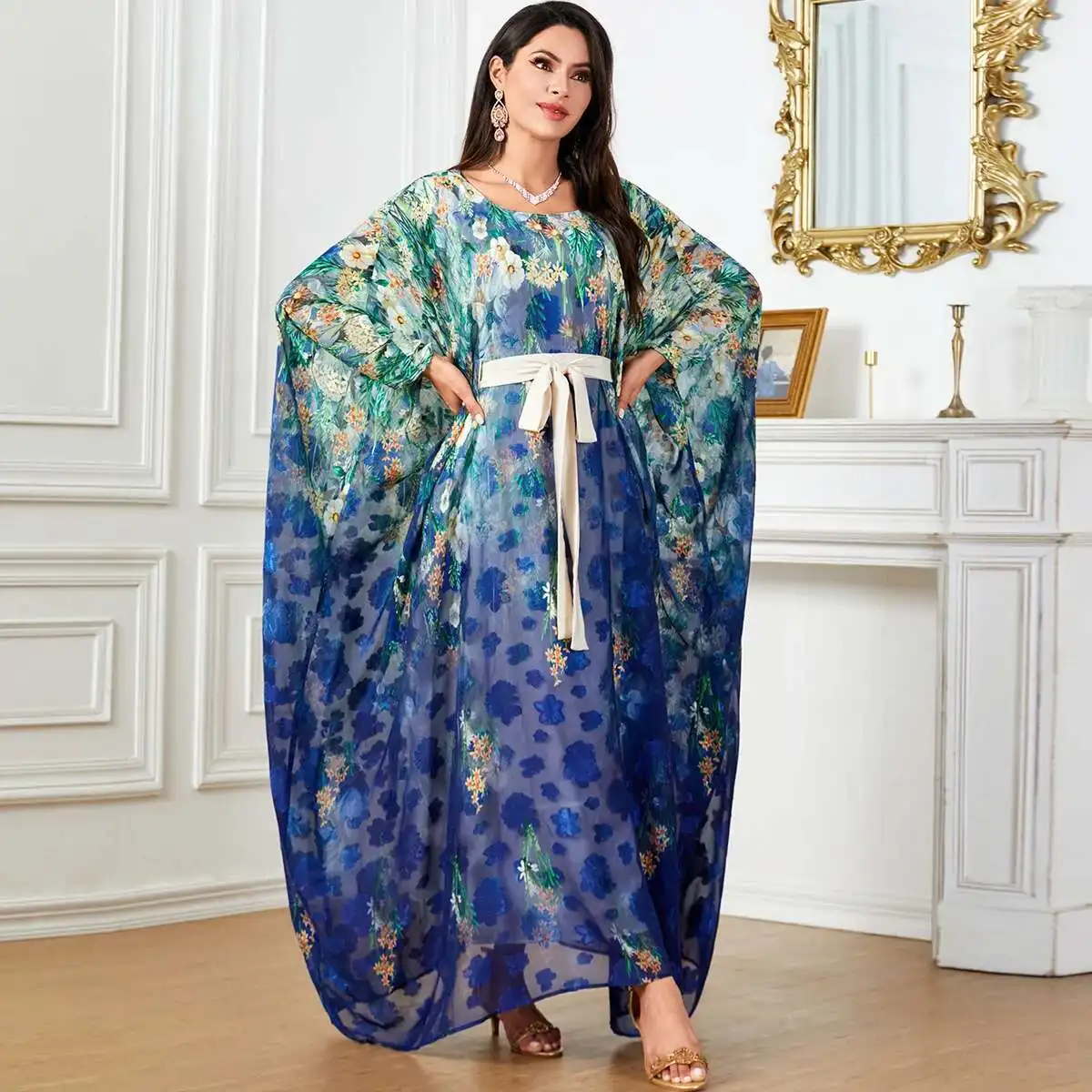 

4018 Plus Size Batwing Sleeve Dubai Kaftan Printed Loose Casual Long Sleeve Dress Robe Abaya Ramadan Dubai Luxury Islam Elegant