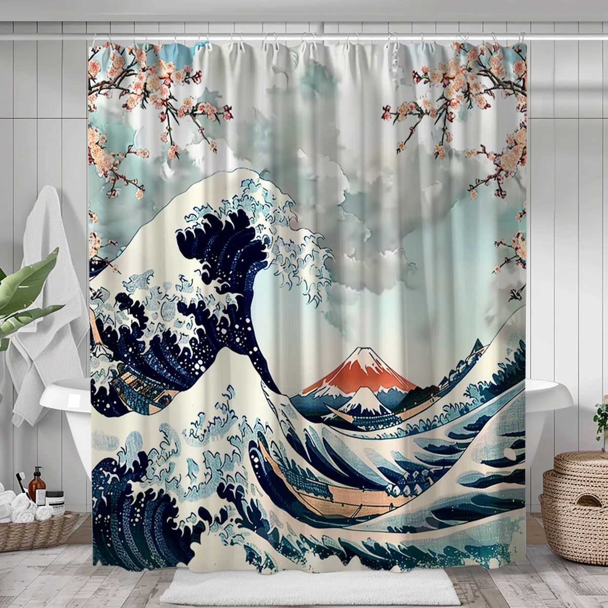 1 pack Japanese Ukiyo-e style Kanagawa surf pattern polyester material shower curtain tarpaulin bathroom thickeneded mildew-proof partition curtain