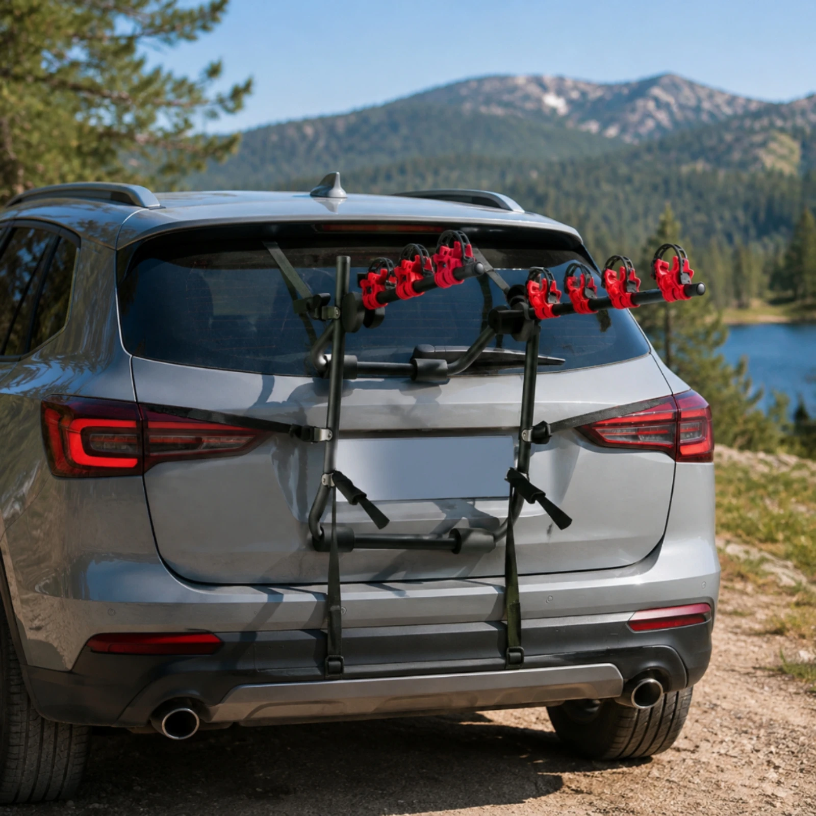 Rear-Mounted Vehicle Bike Carrier Padded Alloy Rear Bike Carrier Car Bike Rack with Support Cradles Sturdy Space-Saving