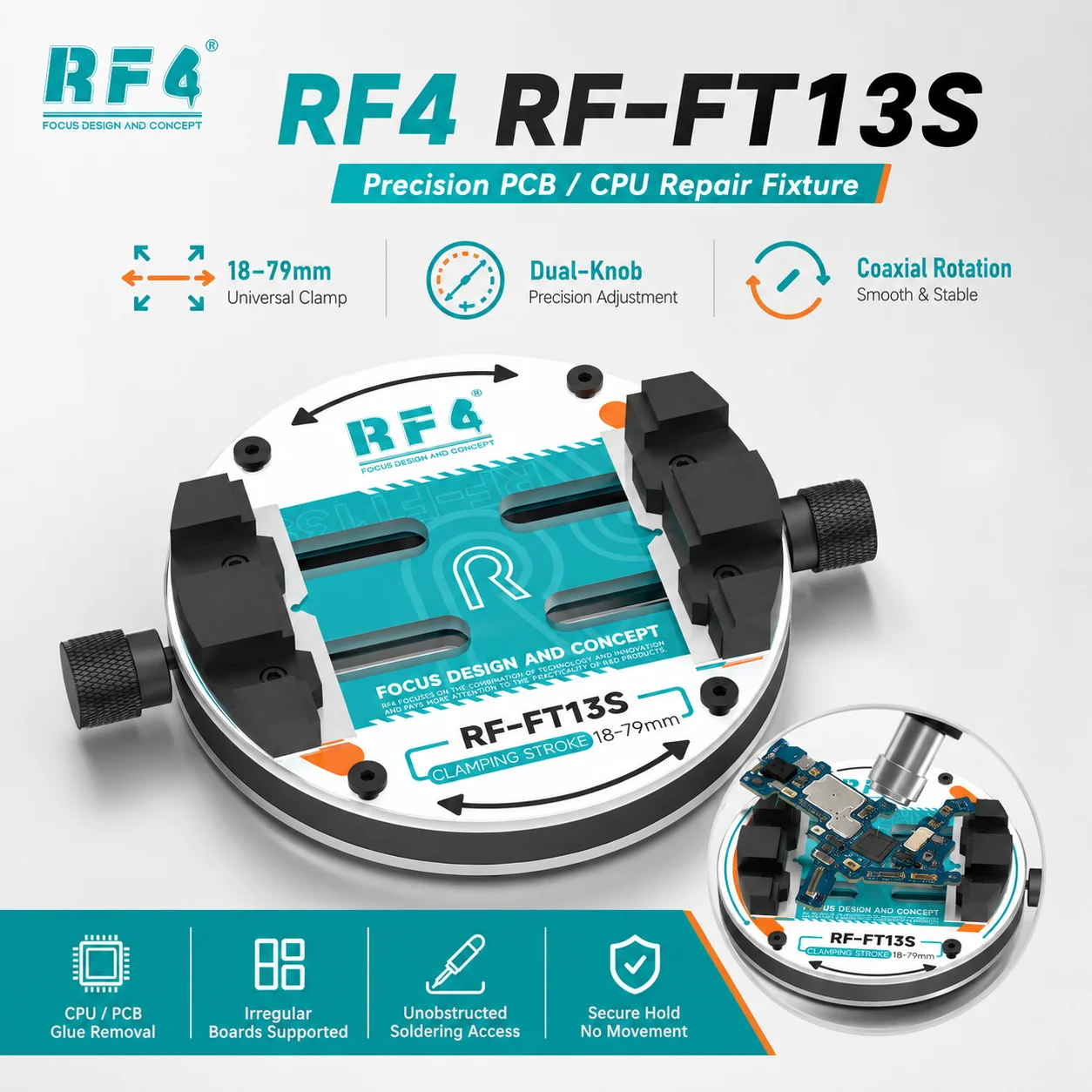 

RF4 RF-FT13S Precision PCB CPU Repair Fixture 18-79mm Universal Clamp Dual-Knob Rotary Holder for Motherboard Glue Removal