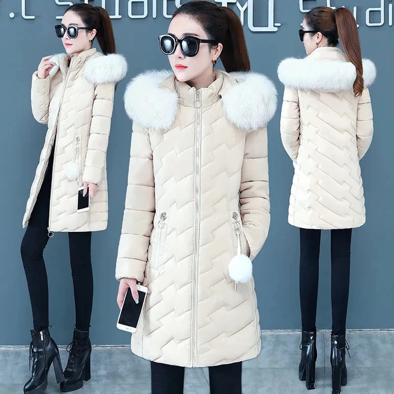 Down Cotton Coat Womens 2022 Winter New Thick Hooded Fur Collar Warm Women Padded Jacket Long Casual Fashion All-match Parkas