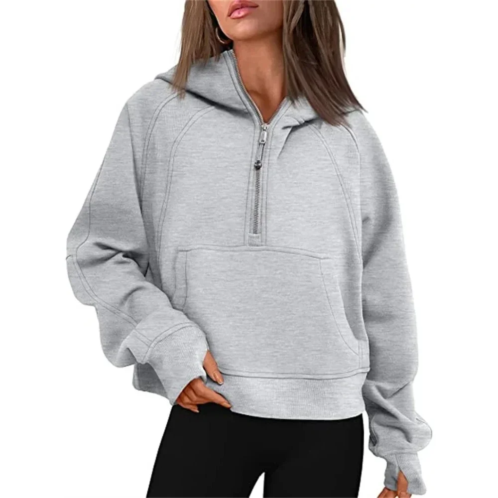 New Autumn Half Zipper Fleece Warm Hoodies Women Solid Casual Loose Short Sweatshirts Thumb Hole Stand Collar Hooded Pullovers