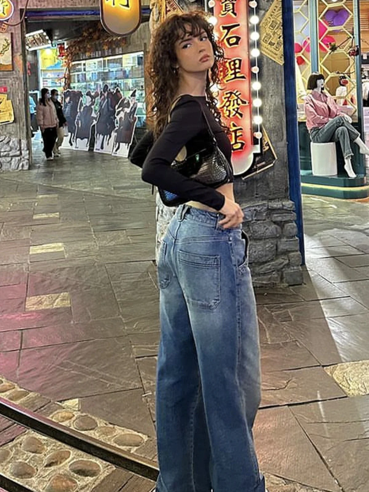 

Винтажные синие джинсы с низкой талией и широкими штанинами, прямые брюки длиной до пола для молодых женщин, весна, лето, осень