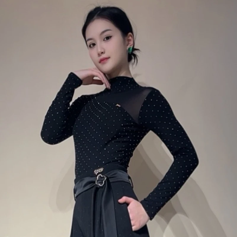 

Новинка 2024 года, топы для современных танцев для женщин, рубашки с высоким воротом и бриллиантами, чача, румба, танго, костюмы для бальных танцев для взрослых, вальс, XH3305