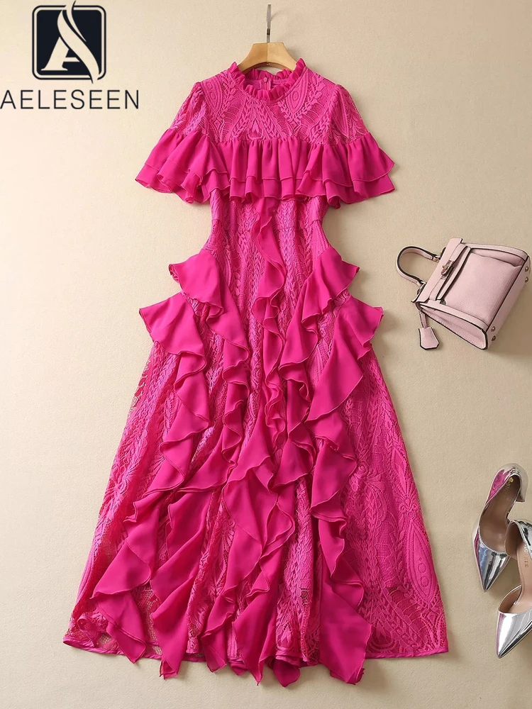 

AELESEEN Women Ruffles Dress 2023 Spring Summer Runway Fashion Rose Red Lace Patchwork Blue Flower Embroidery Elegant Party