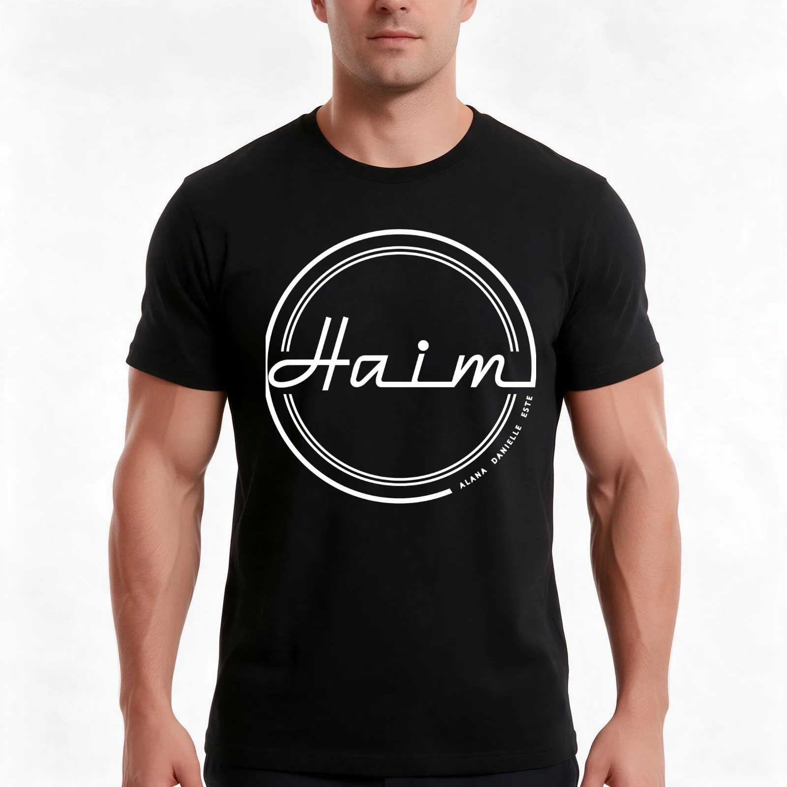 Haim Vinyl Logo in White T-Shirt, Summer Casual Cotton Tee, Oversized Streetwear Tops, Vintage Graphic Print, Unisex Men Women