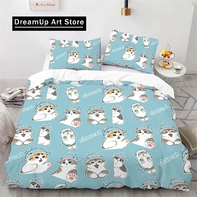 Cute Kitten Duvet Cover Pillow Case Mofusand Anime Shark Cat Bedding Set Single Double Queen Size Teen Gift Room Decor 3PCS set