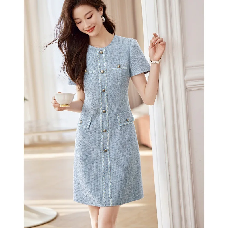 

Women Summer New Exquisite Elegant Style Fragrant Round Neck Short Sleeved Dress