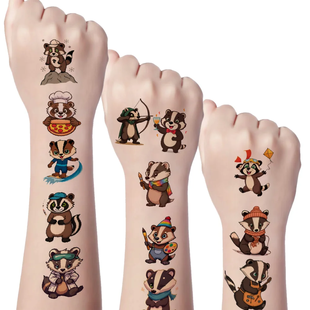 

54pcs Temporary Tattoo Baker Badger Waterproof Long-lasting Body Stickers Musician Badger Fishing Badger Cartoon For Cheeks